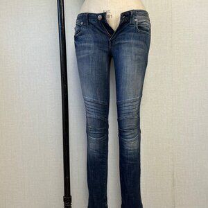 EUC Vintage 1 Distressed Faded Low Rise Moto Ankle Zip Skinny Jeans 27 Dark Wash